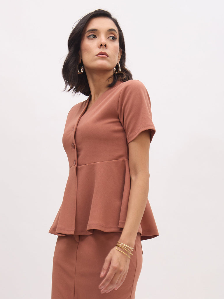 Women's Rust V Neck Half Sleeve Peplum Top