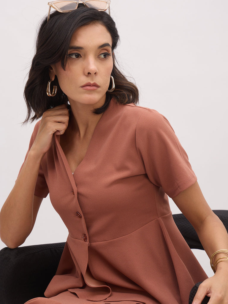 Women's Rust V Neck Half Sleeve Peplum Top