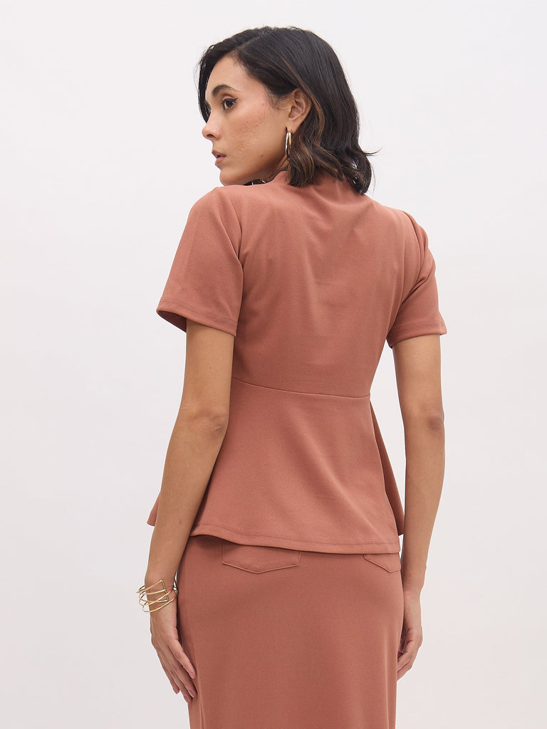 Women's Rust V Neck Half Sleeve Peplum Top