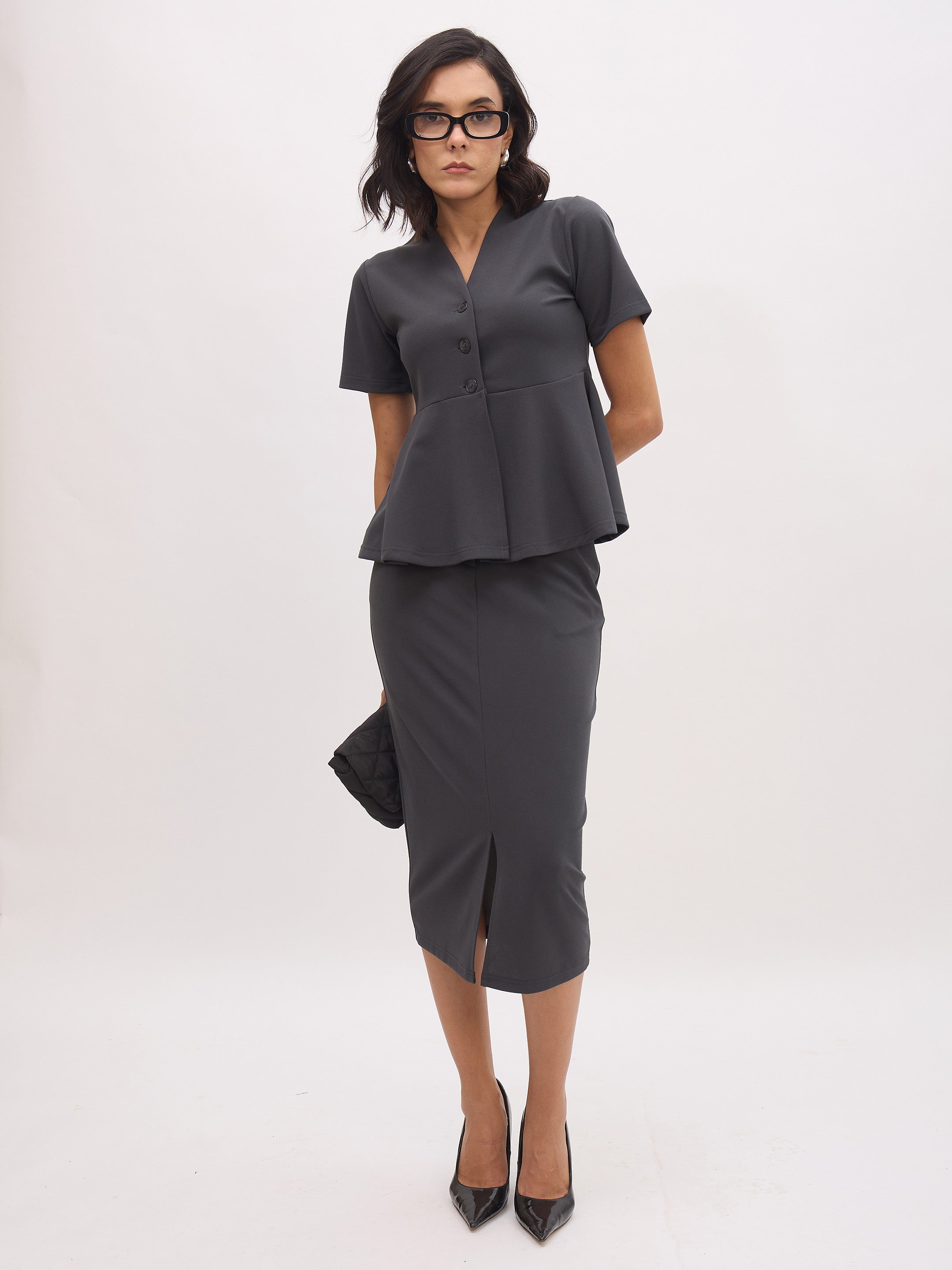 Women's Dark Grey V Neck Half Sleeve Peplum Top