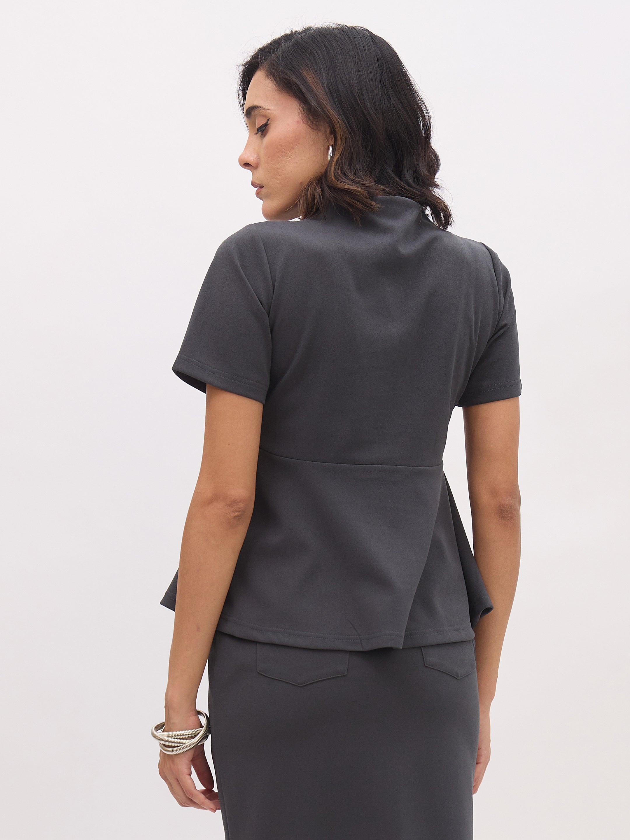Women's Dark Grey V Neck Half Sleeve Peplum Top