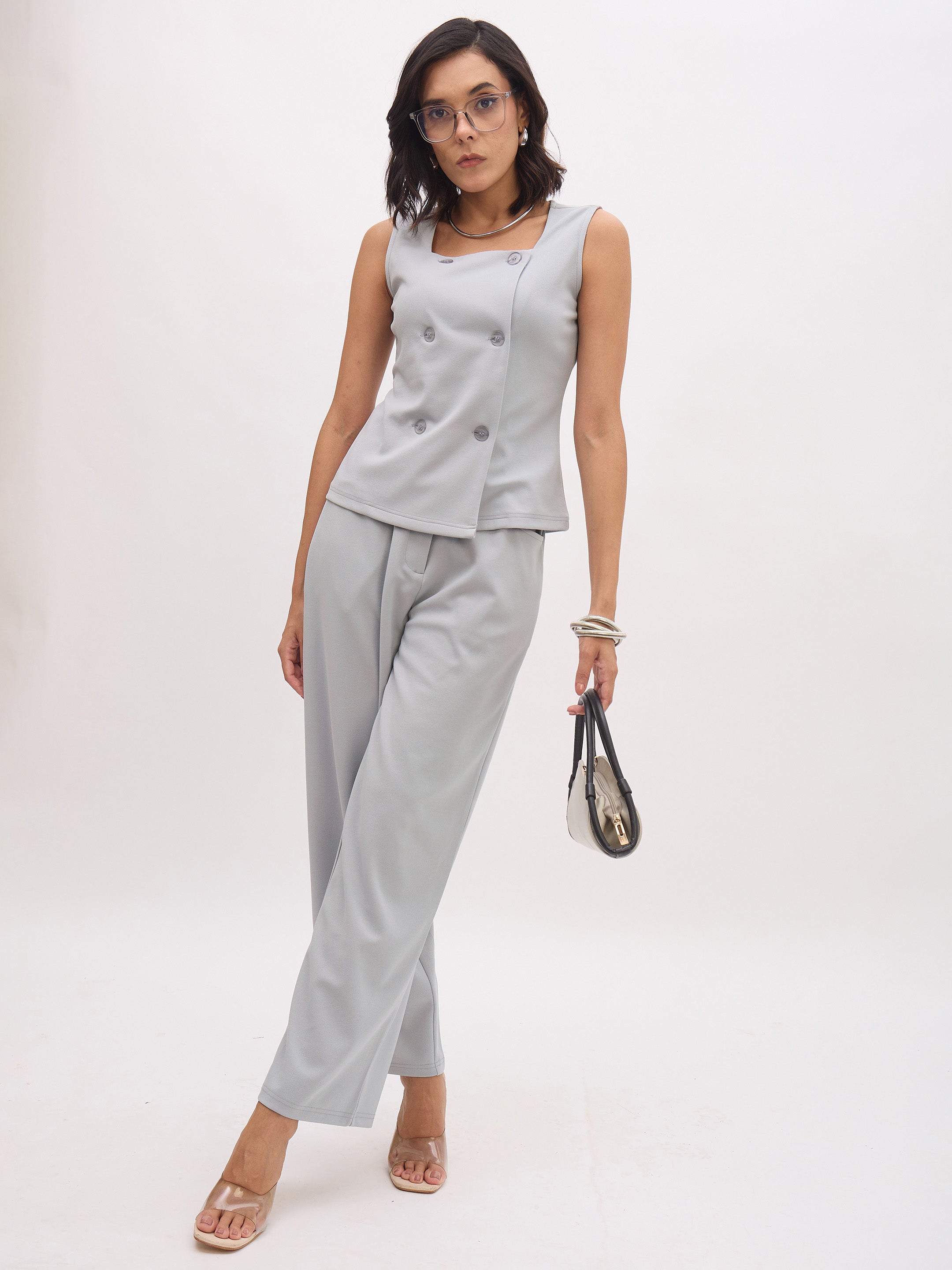 Women's Grey Sleeveless Square Neck Button Top