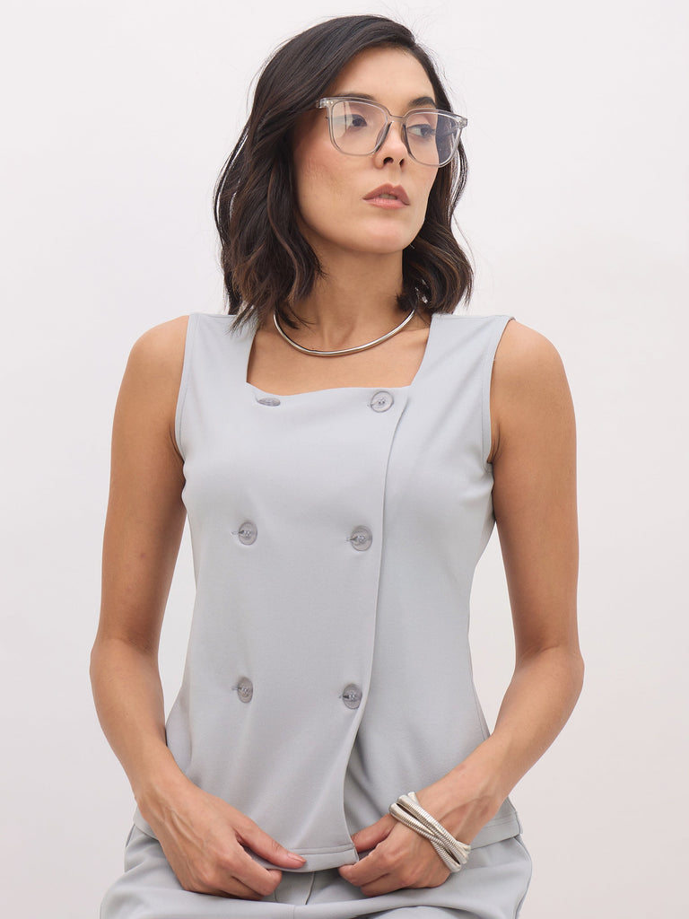 Women's Grey Sleeveless Square Neck Button Top