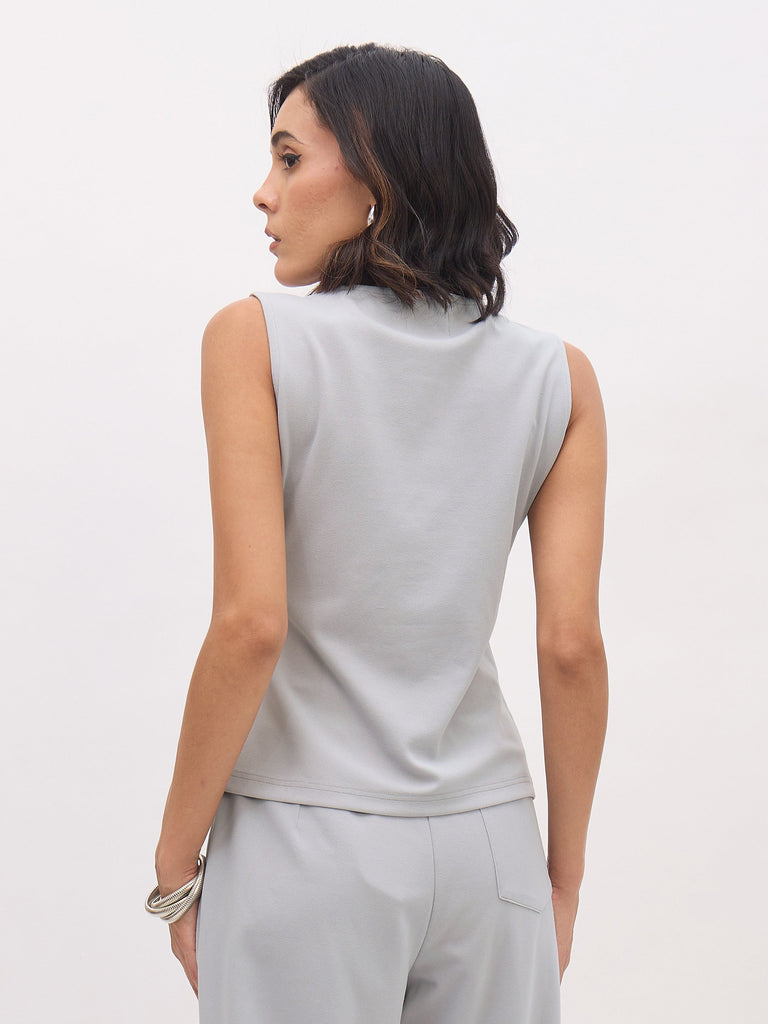 Women's Grey Sleeveless Square Neck Button Top
