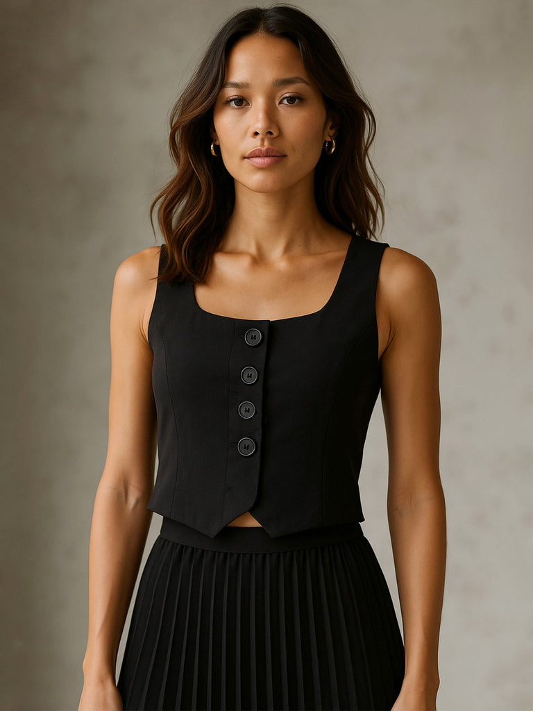 Women's Black Sleeveless Front Button Waistcoat