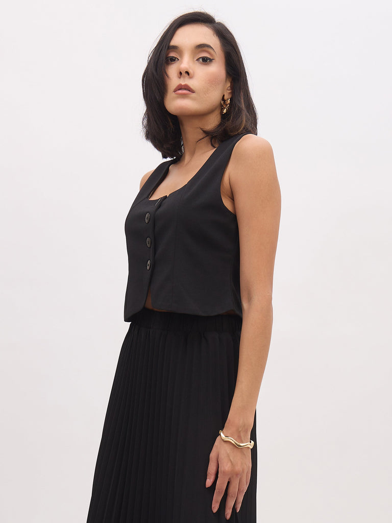 Women's Black Sleeveless Front Button Waistcoat