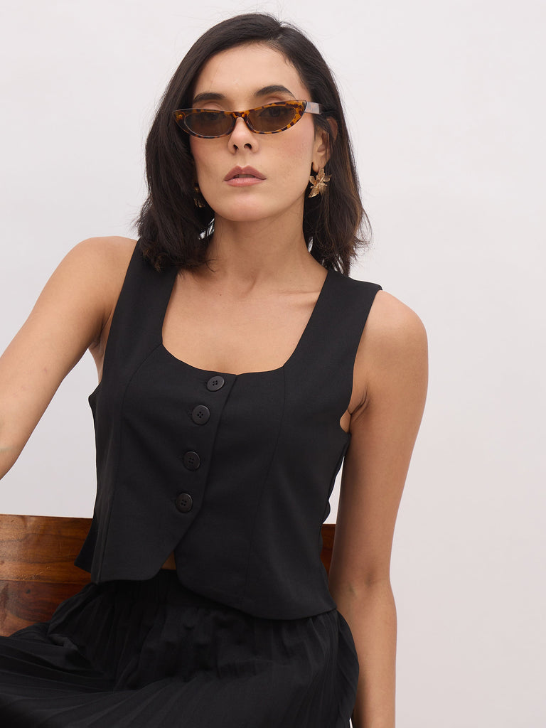 Women's Black Sleeveless Front Button Waistcoat