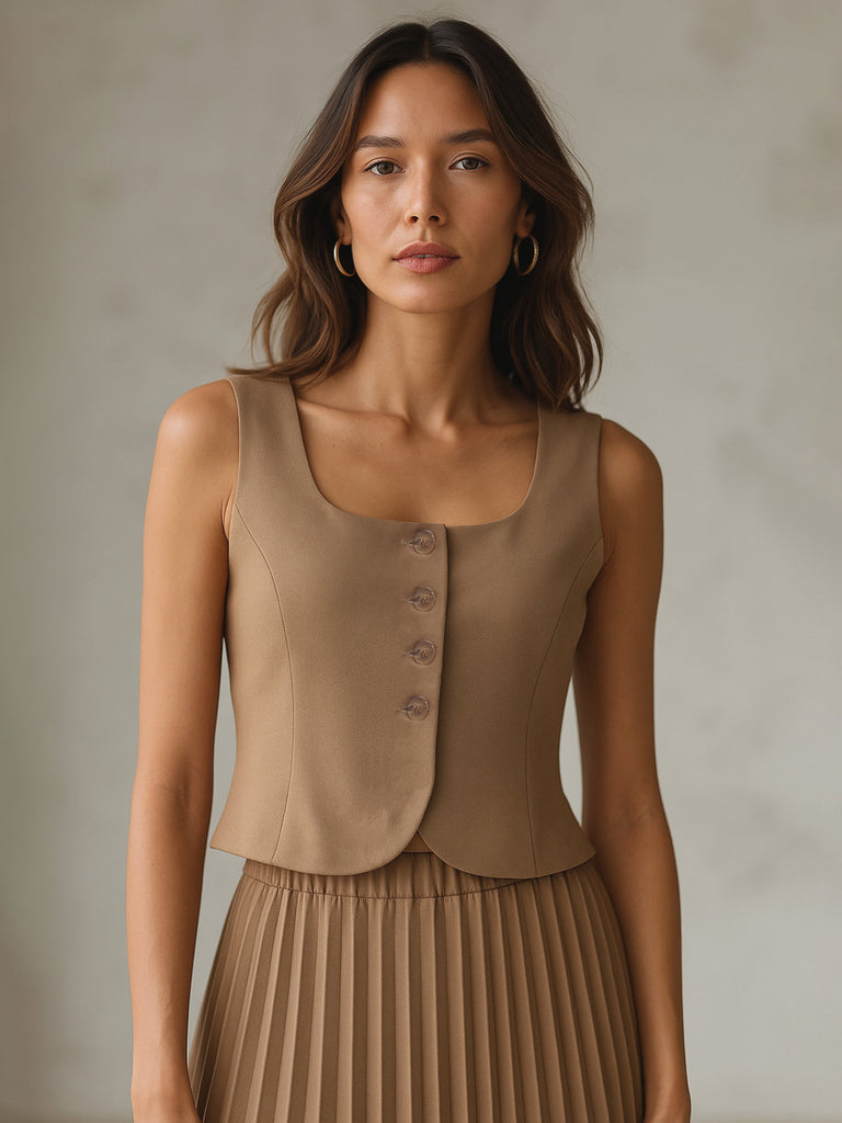 Women's Dark Beige Sleeveless Front Button Waistcoat