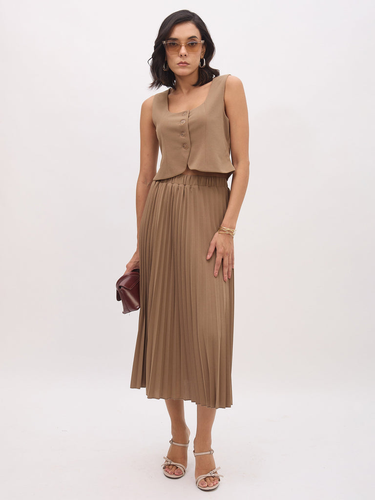 Women's Dark Beige Sleeveless Front Button Waistcoat