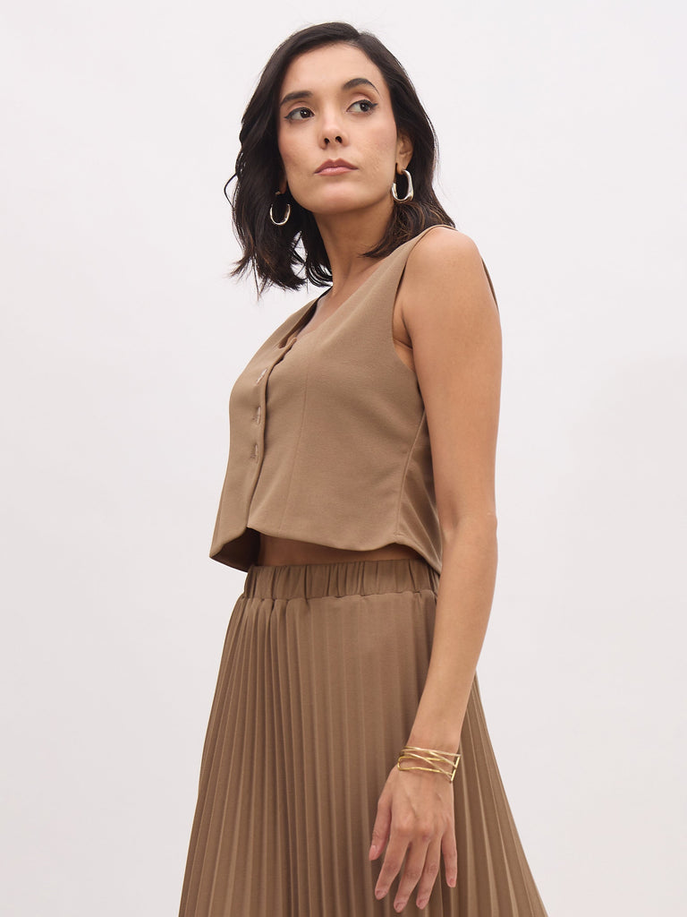 Women's Dark Beige Sleeveless Front Button Waistcoat