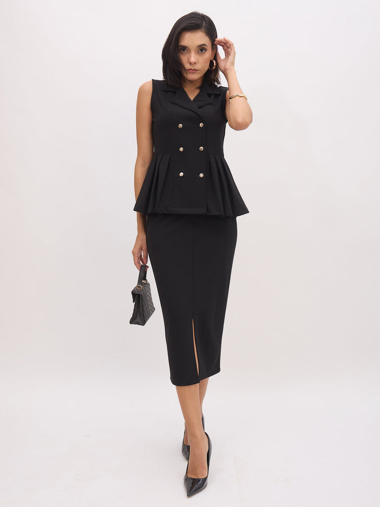 Women's Black Sleeveless Notch Collar Button Top