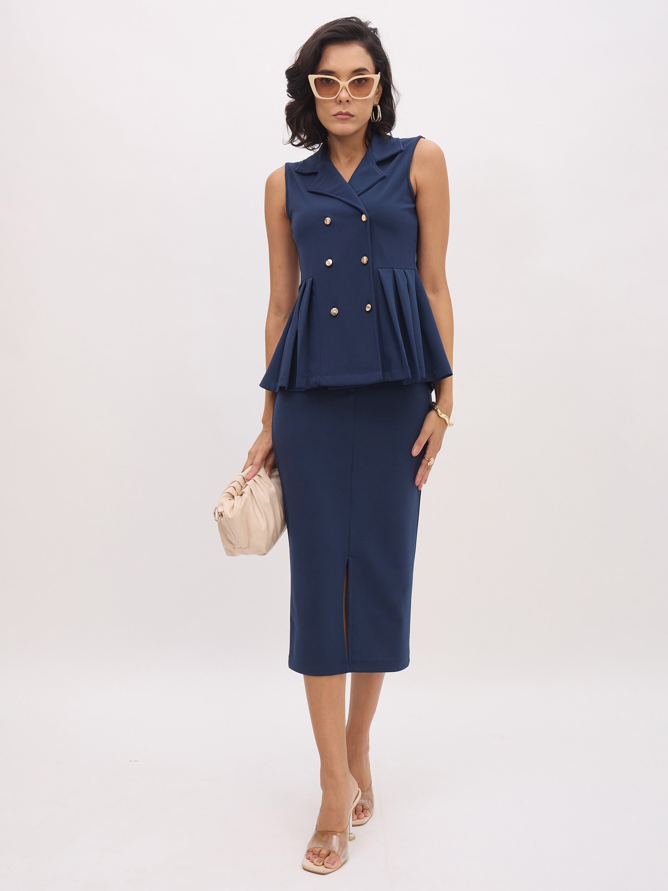 Women's Blue Sleeveless Notch Collar Button Top