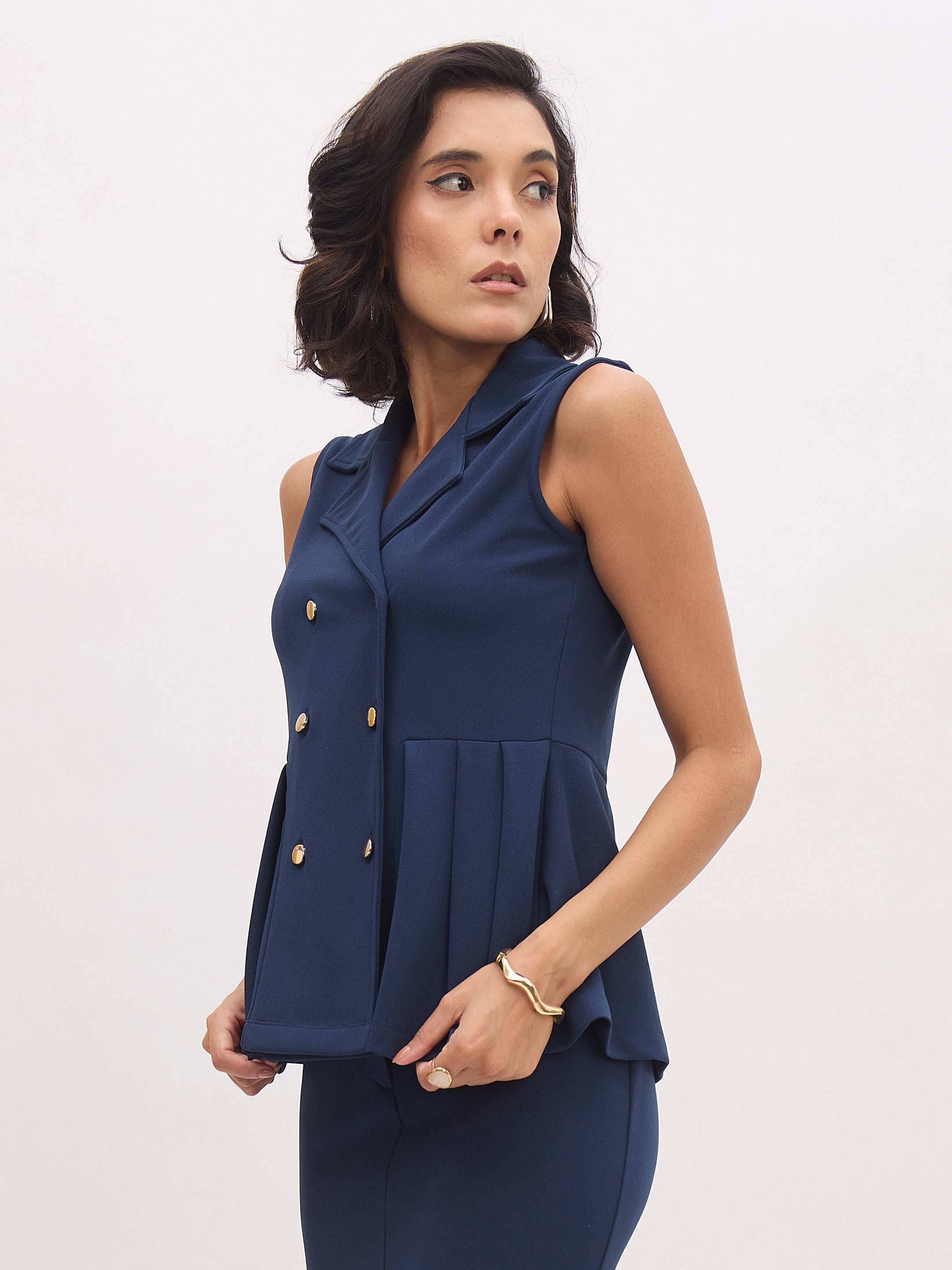 Women's Blue Sleeveless Notch Collar Button Top