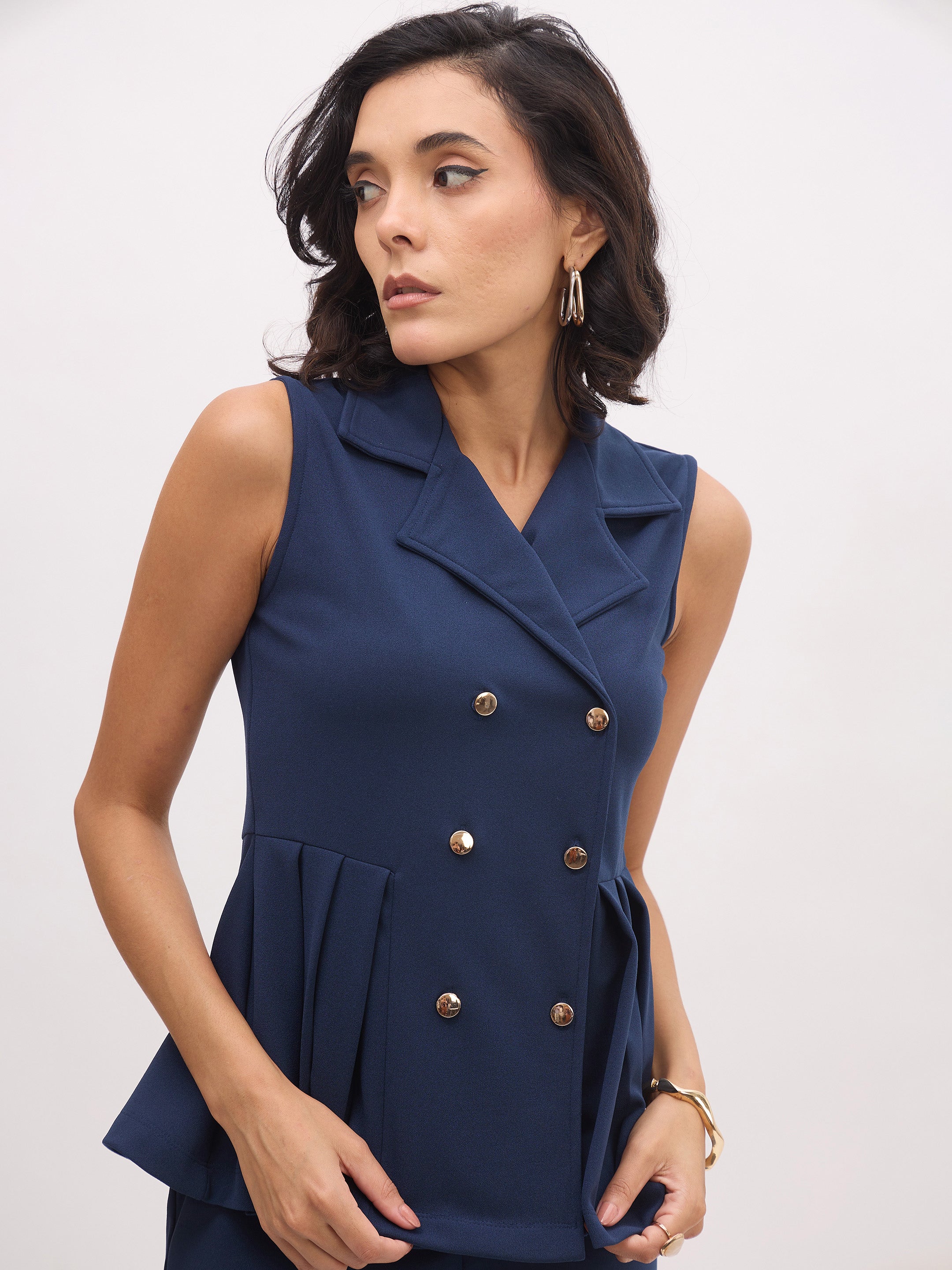 Women's Blue Sleeveless Notch Collar Button Top