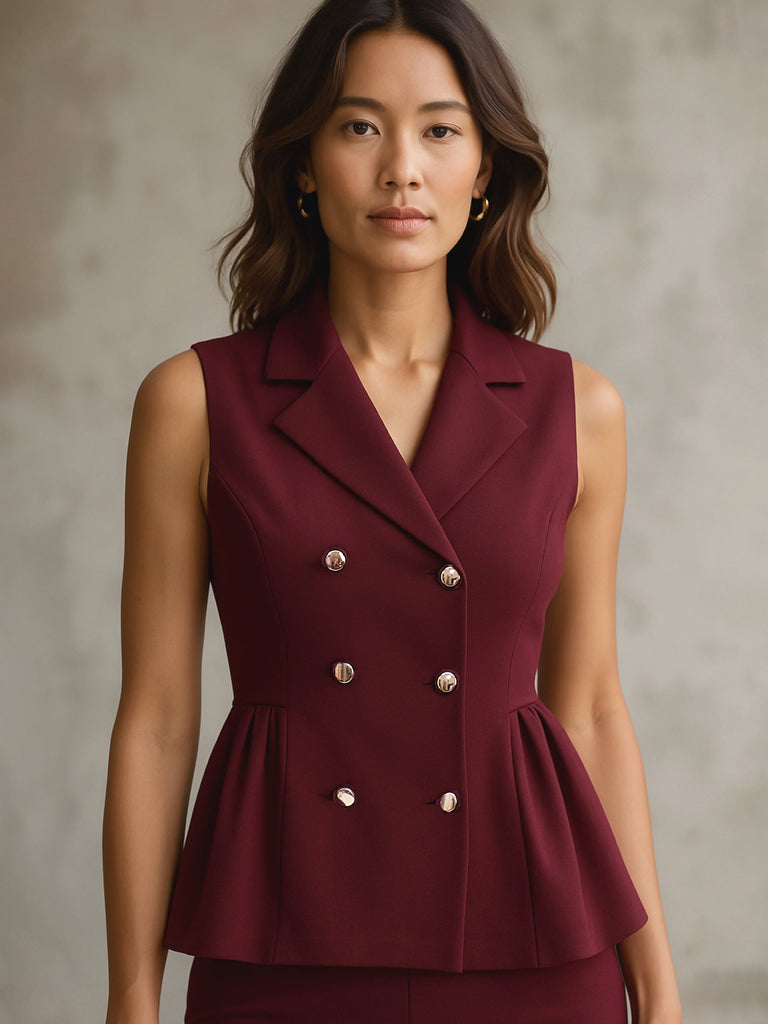 Women's Burgundy Sleeveless Notch Collar Button Top