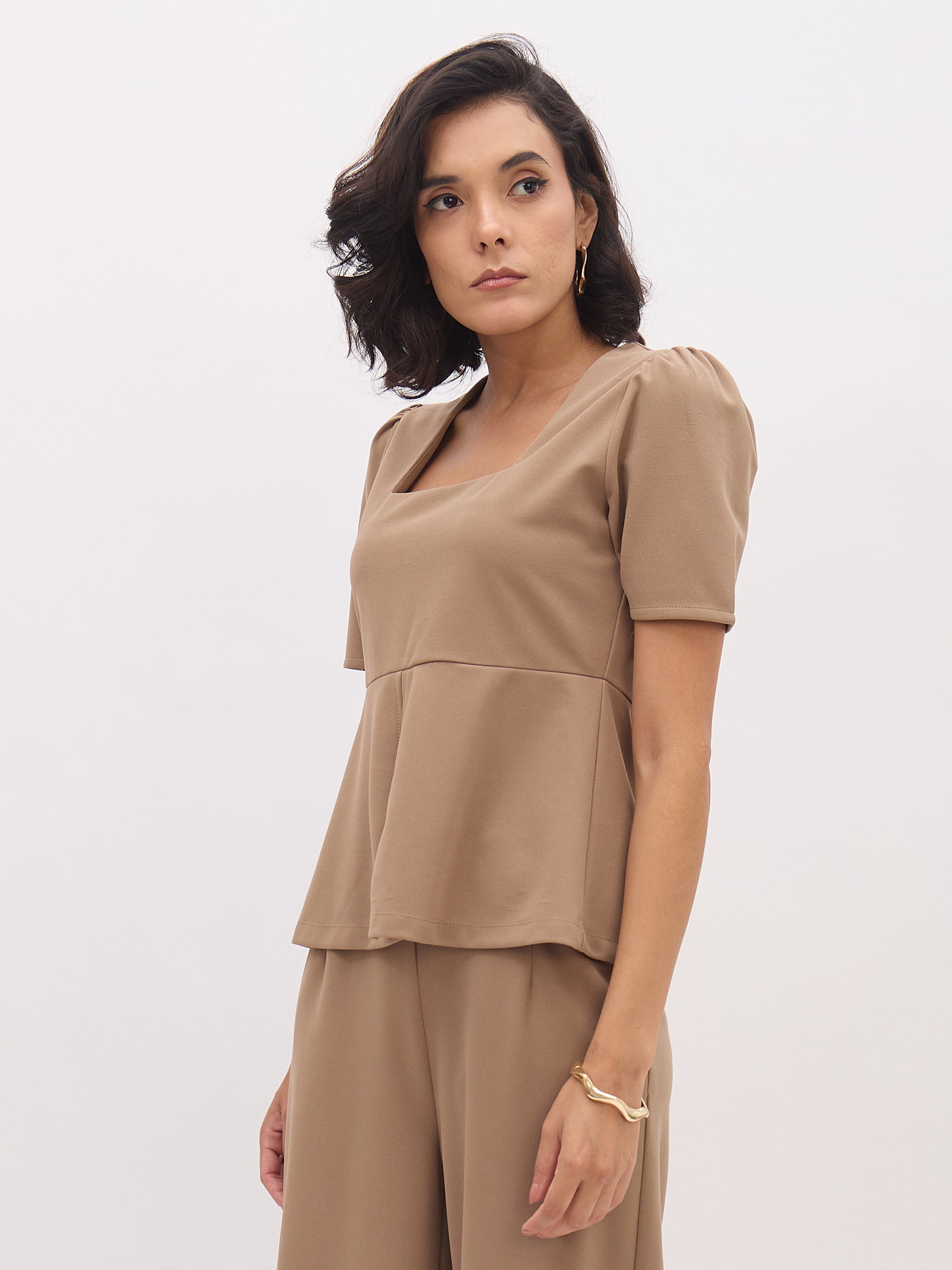 Women's Beige Square Neck Front Slit Top