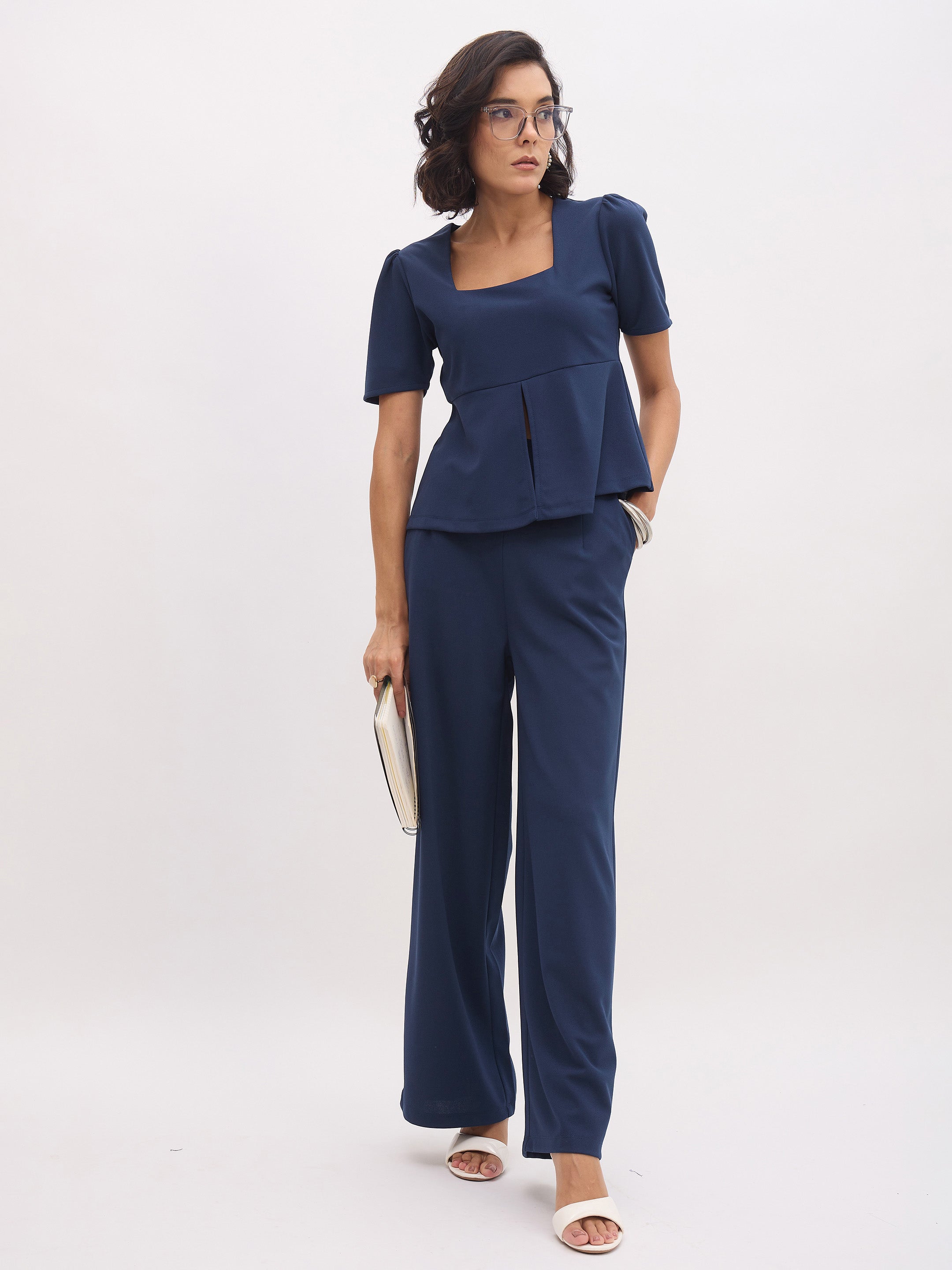 Women's Blue Square Neck Front Slit Top