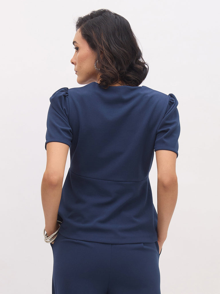 Women's Blue Square Neck Front Slit Top