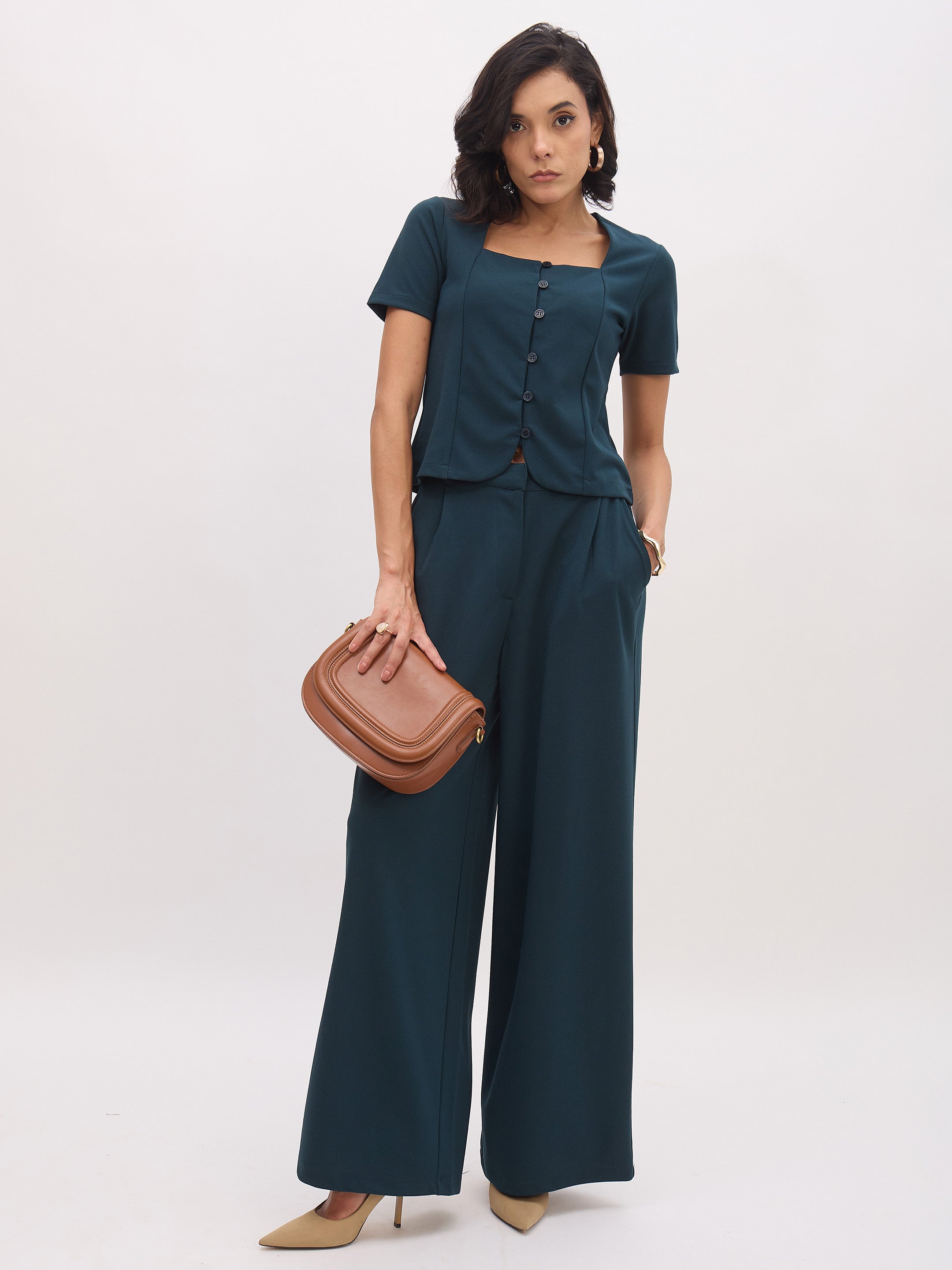 Women's Emerald Square Neck Half Sleeves Button Top