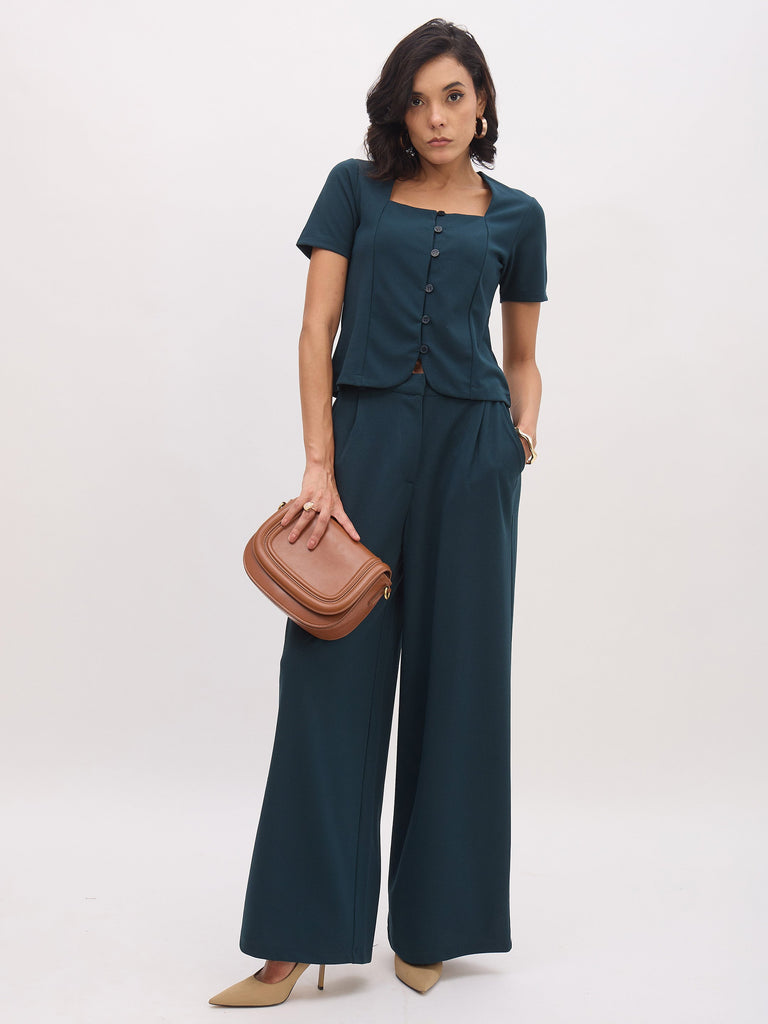 Women's Emerald Square Neck Half Sleeves Button Top