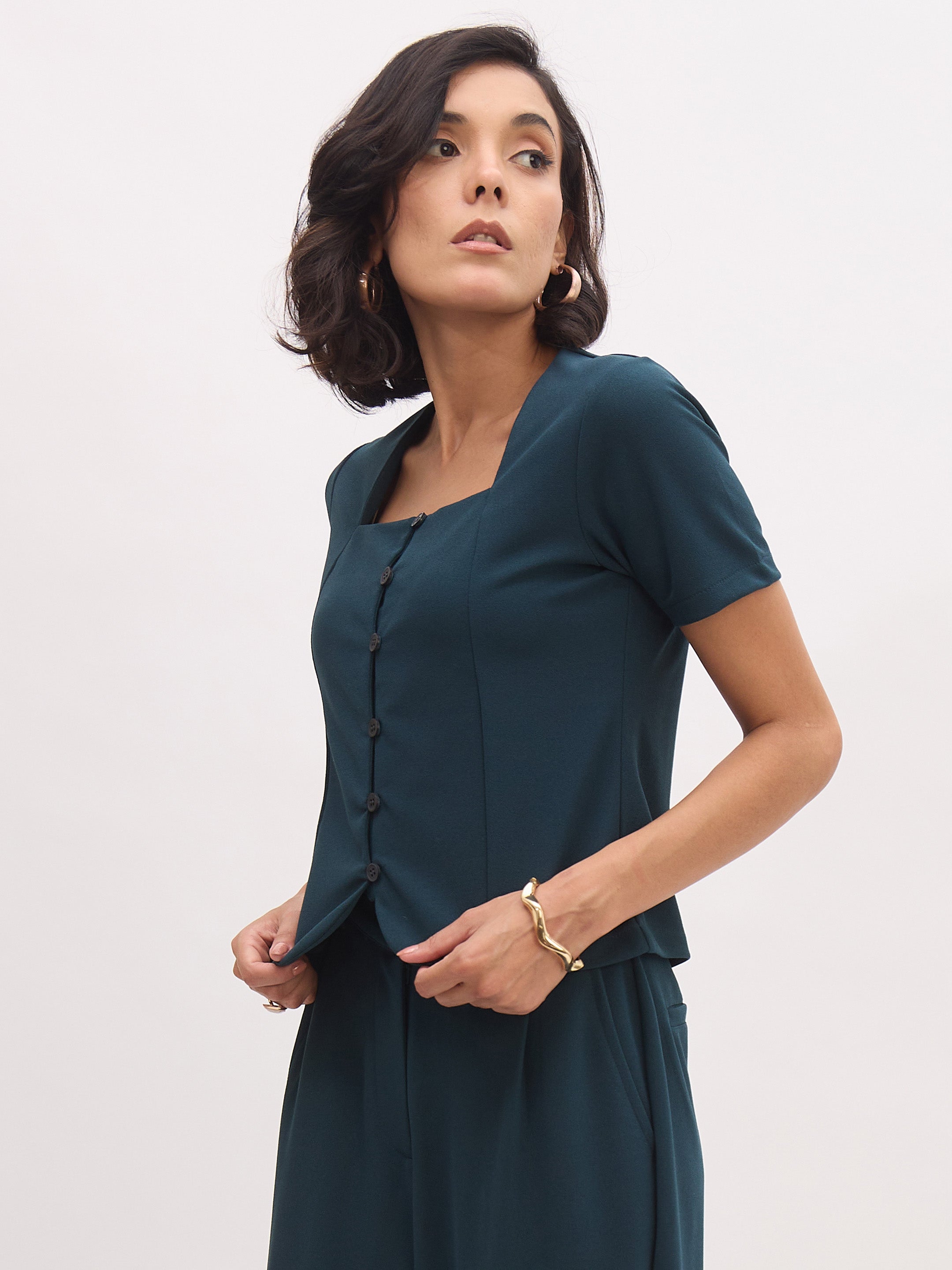Women's Emerald Square Neck Half Sleeves Button Top