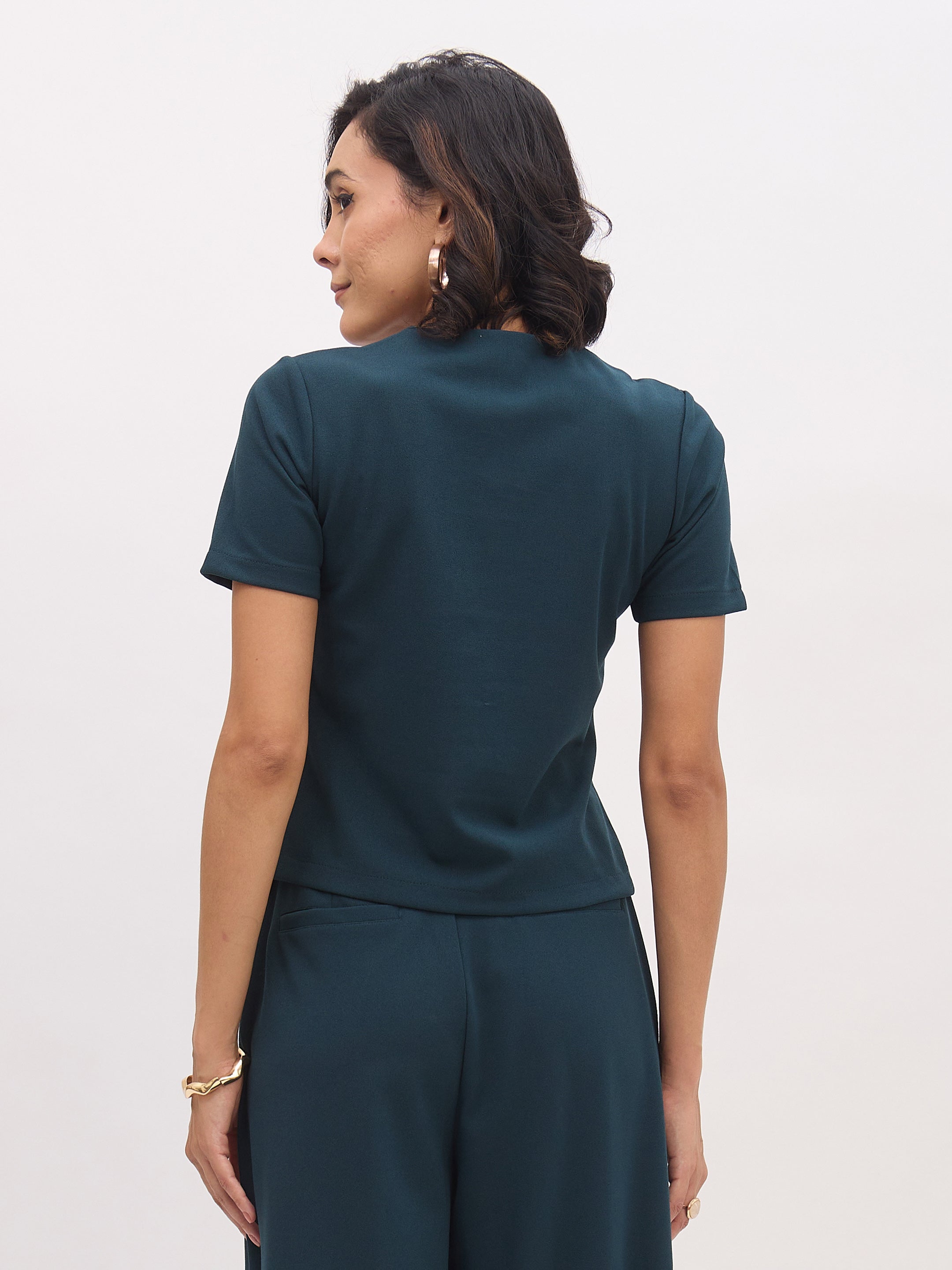 Women's Emerald Square Neck Half Sleeves Button Top
