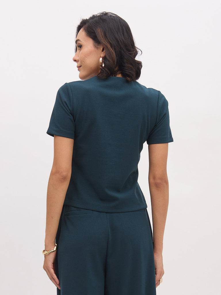 Women's Emerald Square Neck Half Sleeves Button Top