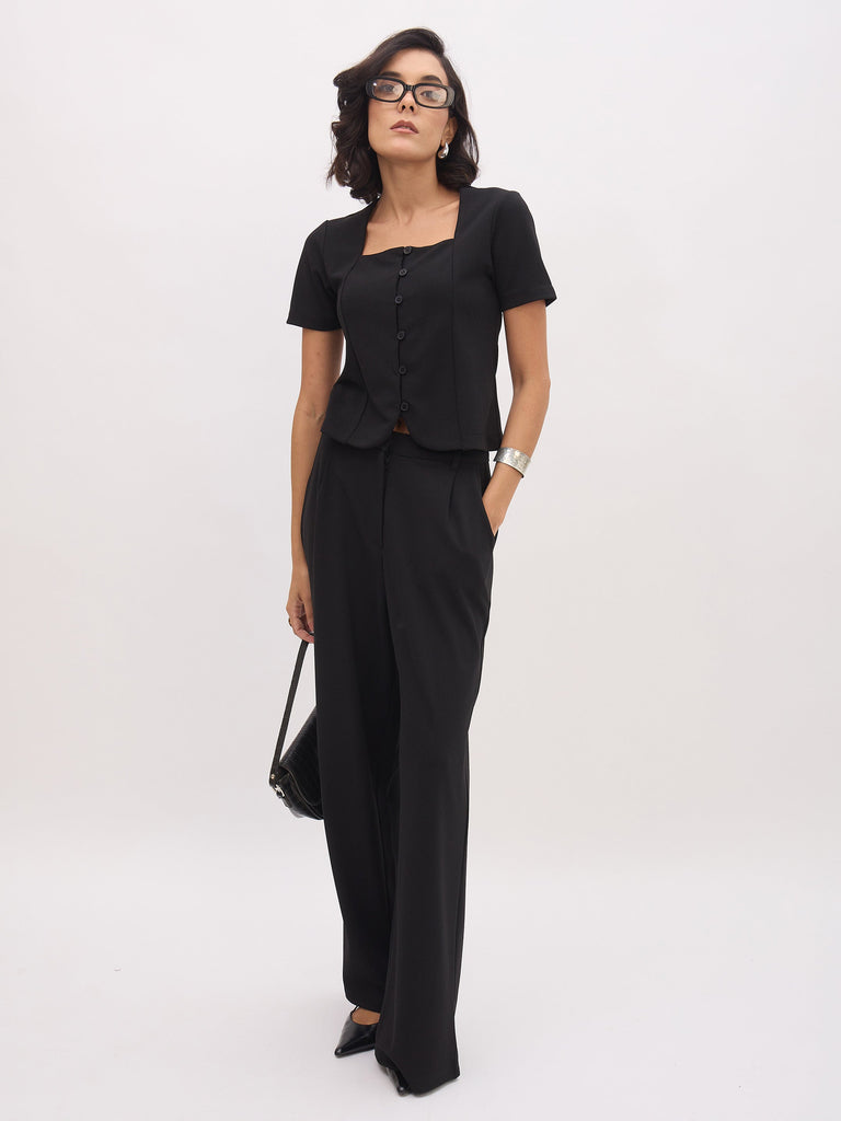 Women's Black Square Neck Half Sleeves Button Top