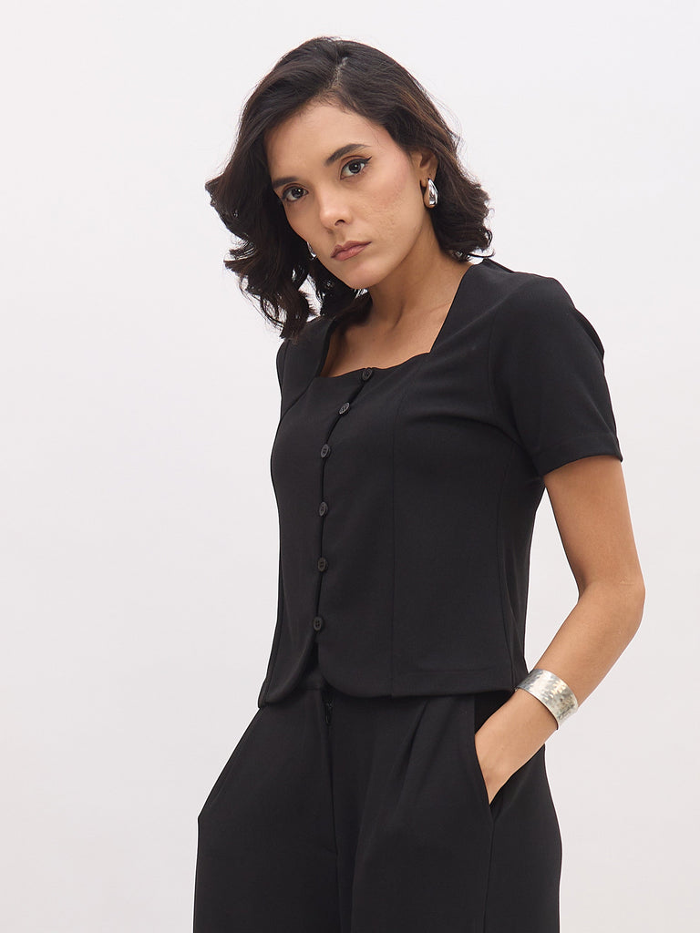 Women's Black Square Neck Half Sleeves Button Top