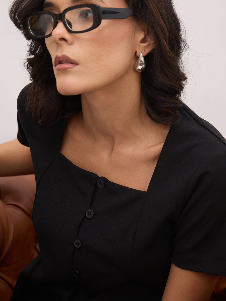 Women's Black Square Neck Half Sleeves Button Top