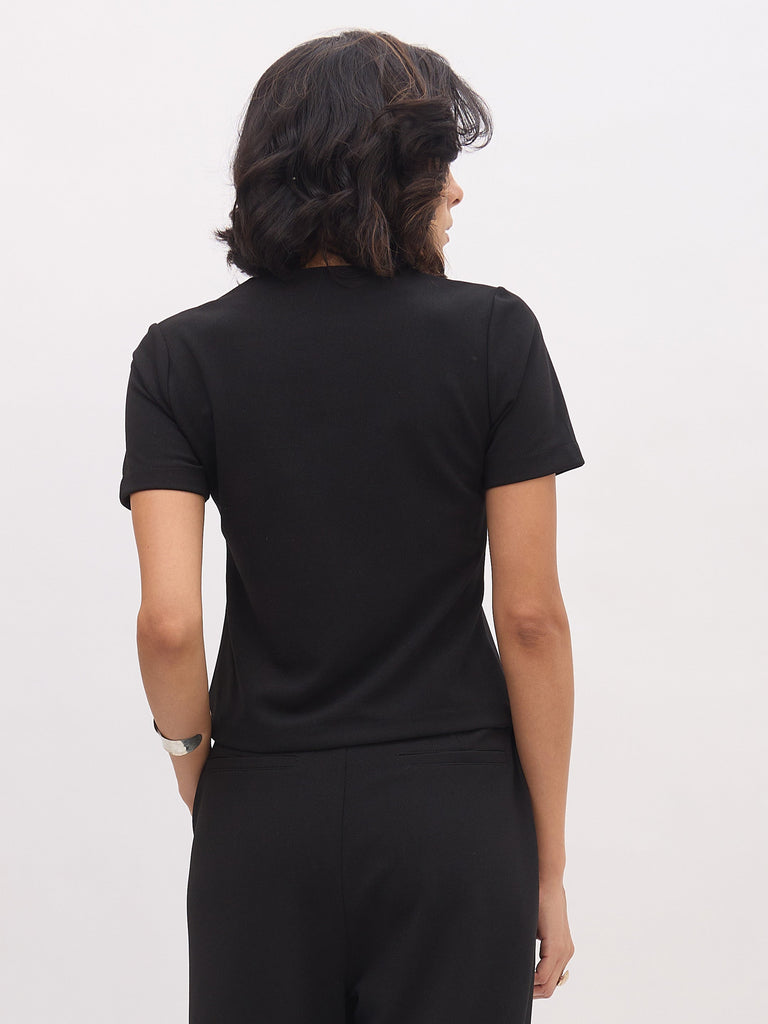 Women's Black Square Neck Half Sleeves Button Top