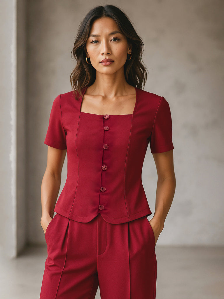 Women's Maroon Square Neck Half Sleeves Button Top