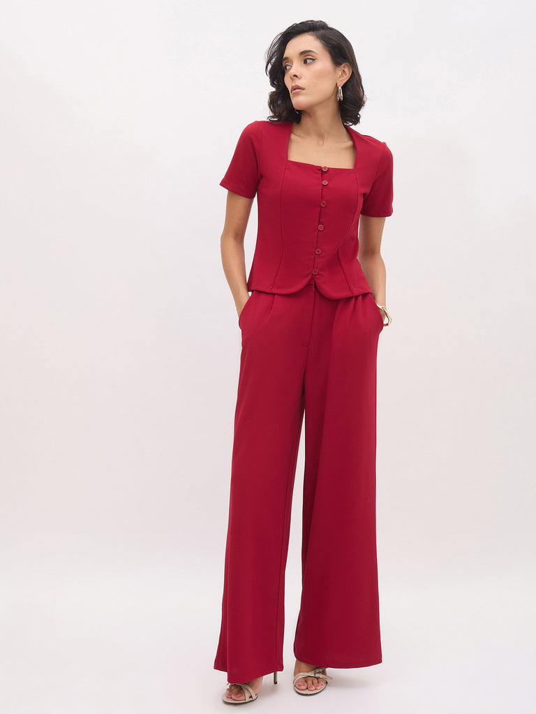 Women's Maroon Square Neck Half Sleeves Button Top