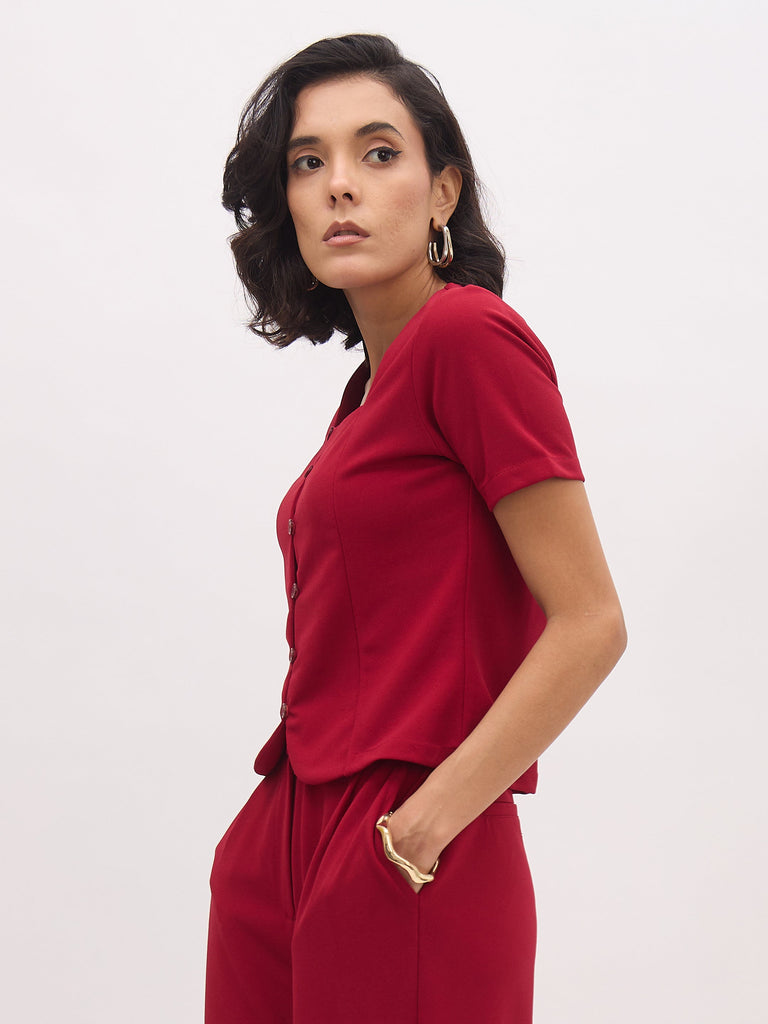 Women's Maroon Square Neck Half Sleeves Button Top