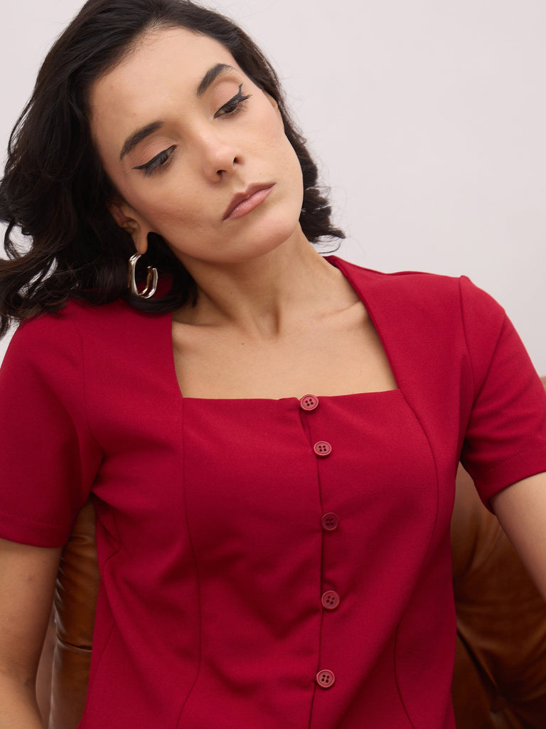 Women's Maroon Square Neck Half Sleeves Button Top