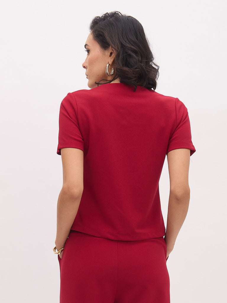 Women's Maroon Square Neck Half Sleeves Button Top