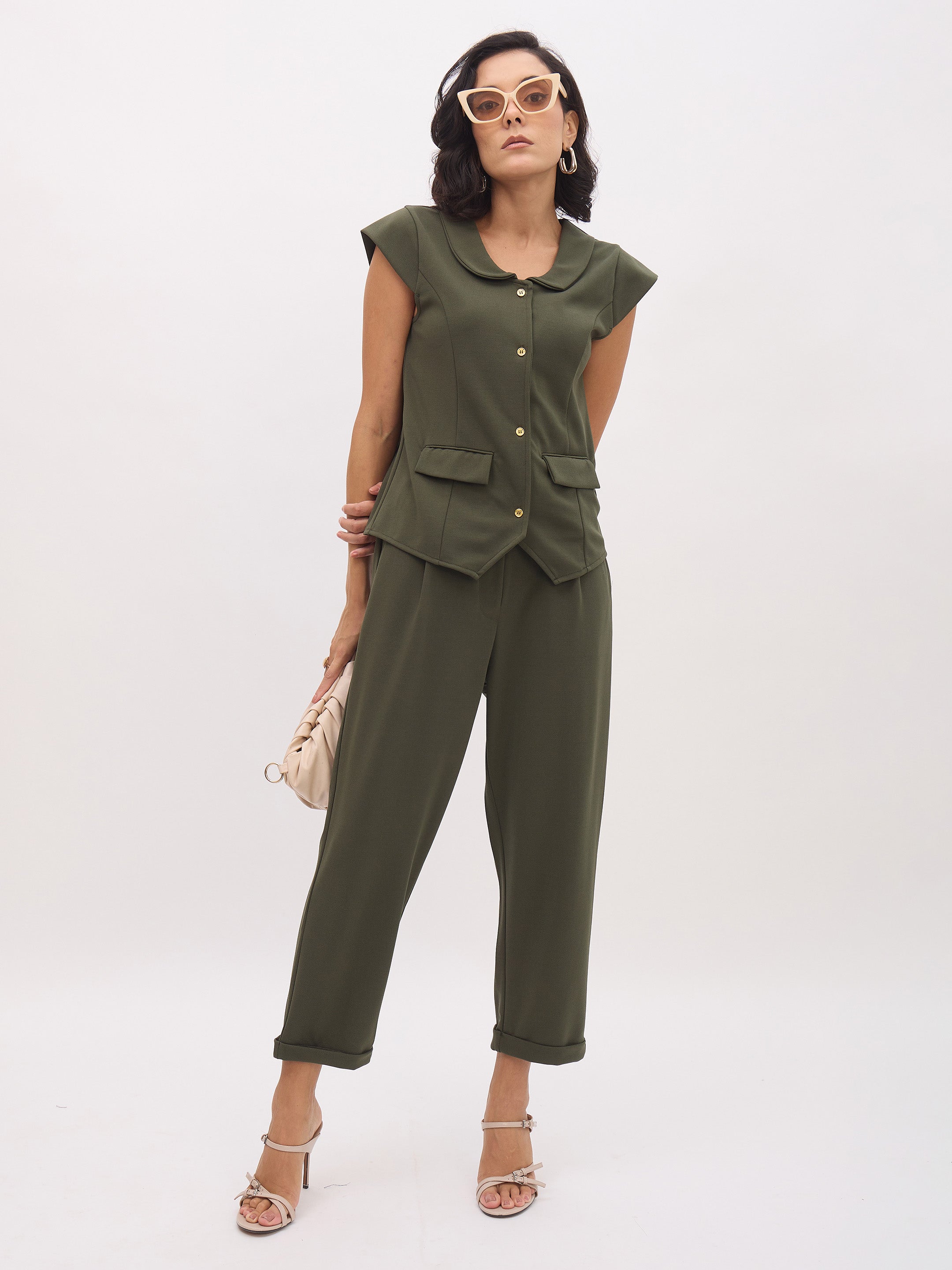 Women's Olive PeterPan Collar Cap Sleeve Button Top
