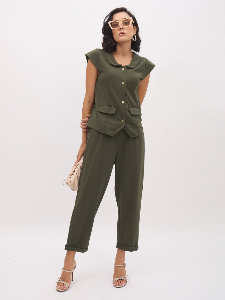 Women's Olive PeterPan Collar Cap Sleeve Button Top