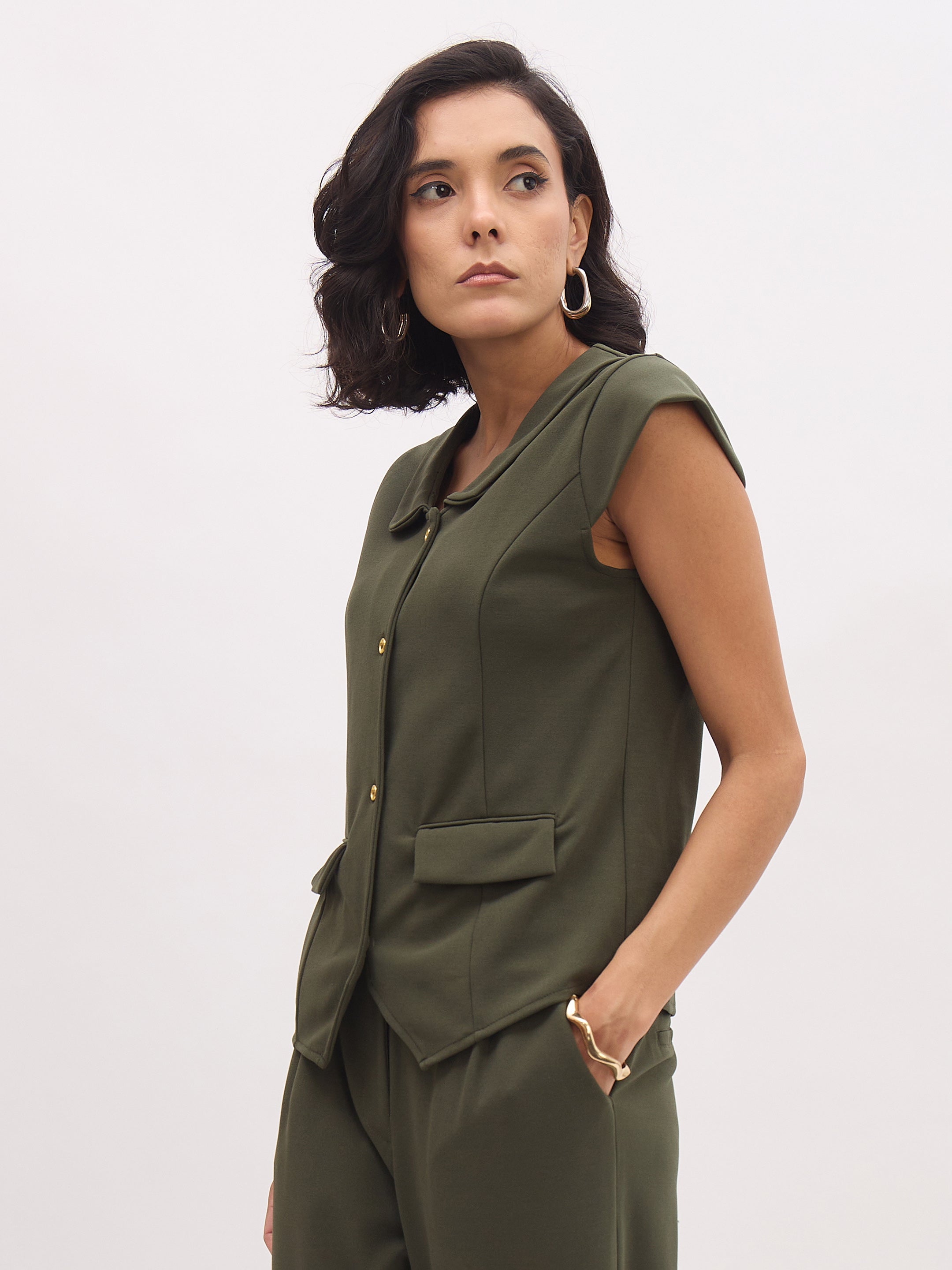Women's Olive PeterPan Collar Cap Sleeve Button Top