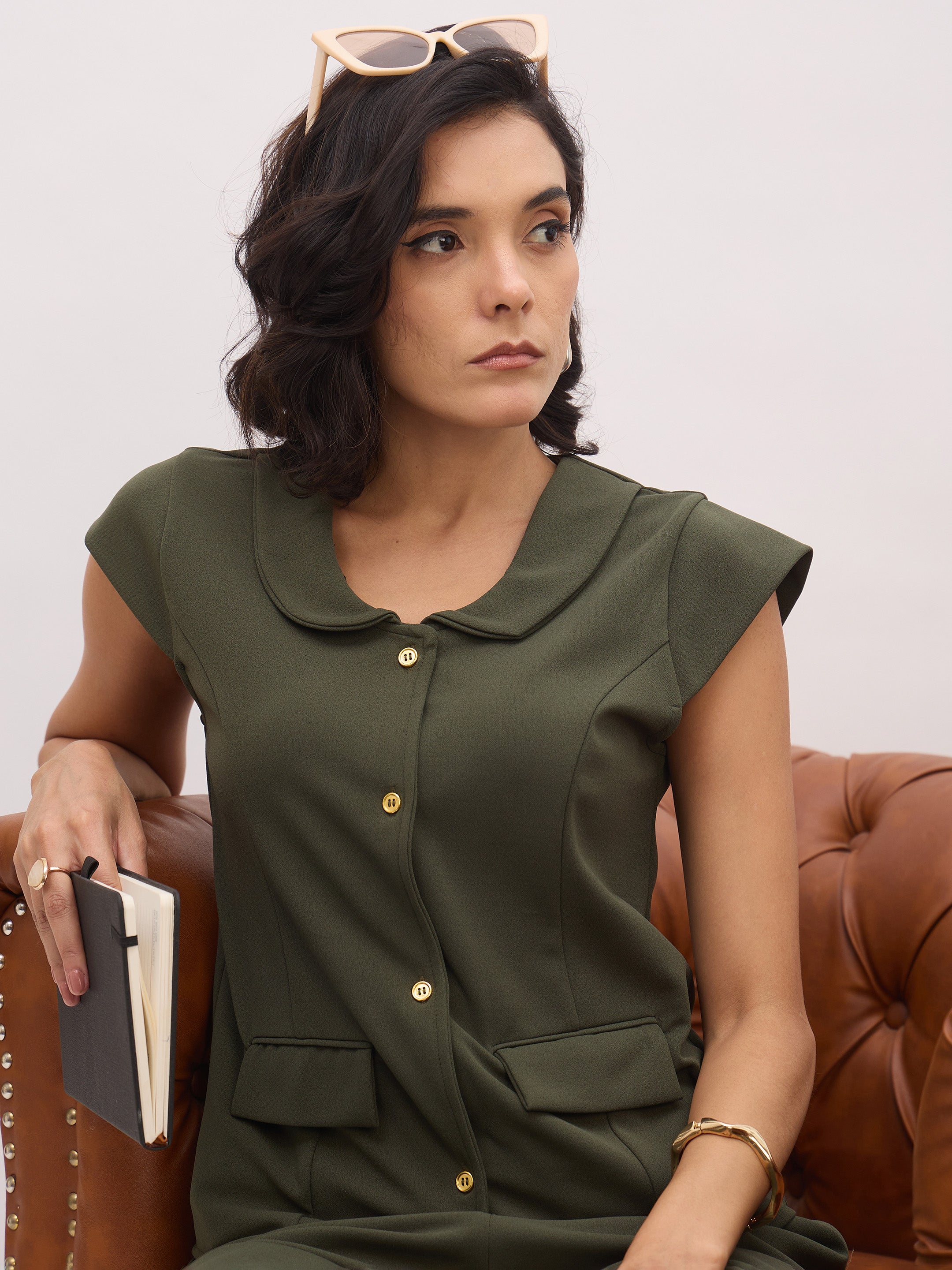 Women's Olive PeterPan Collar Cap Sleeve Button Top