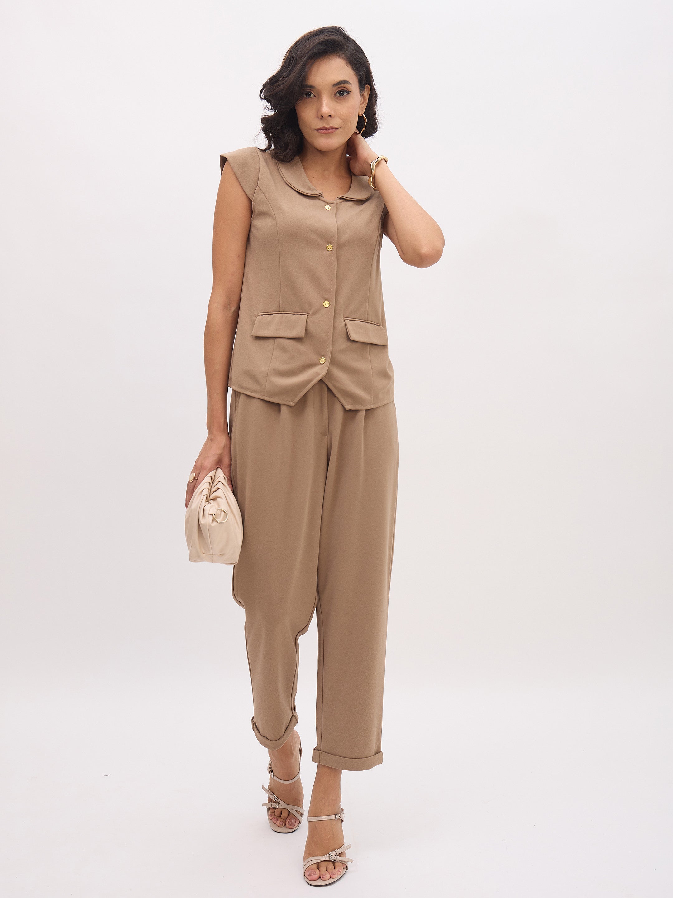 Women's Beige PeterPan Collar Cap Sleeve Button Top