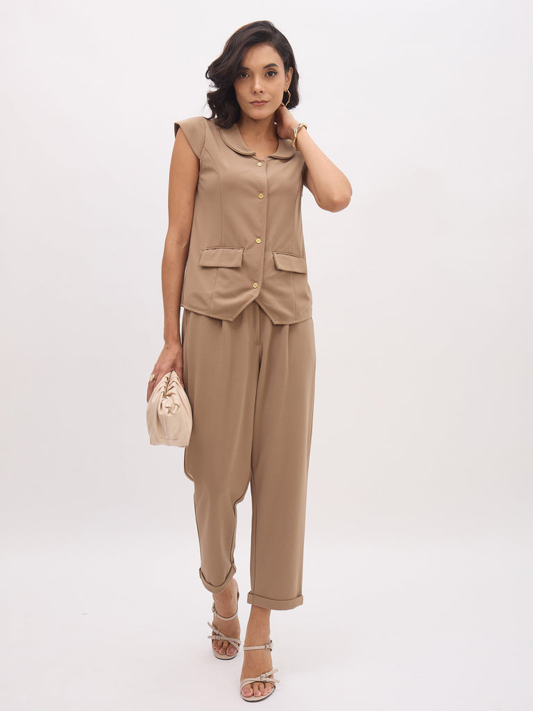 Women's Beige PeterPan Collar Cap Sleeve Button Top