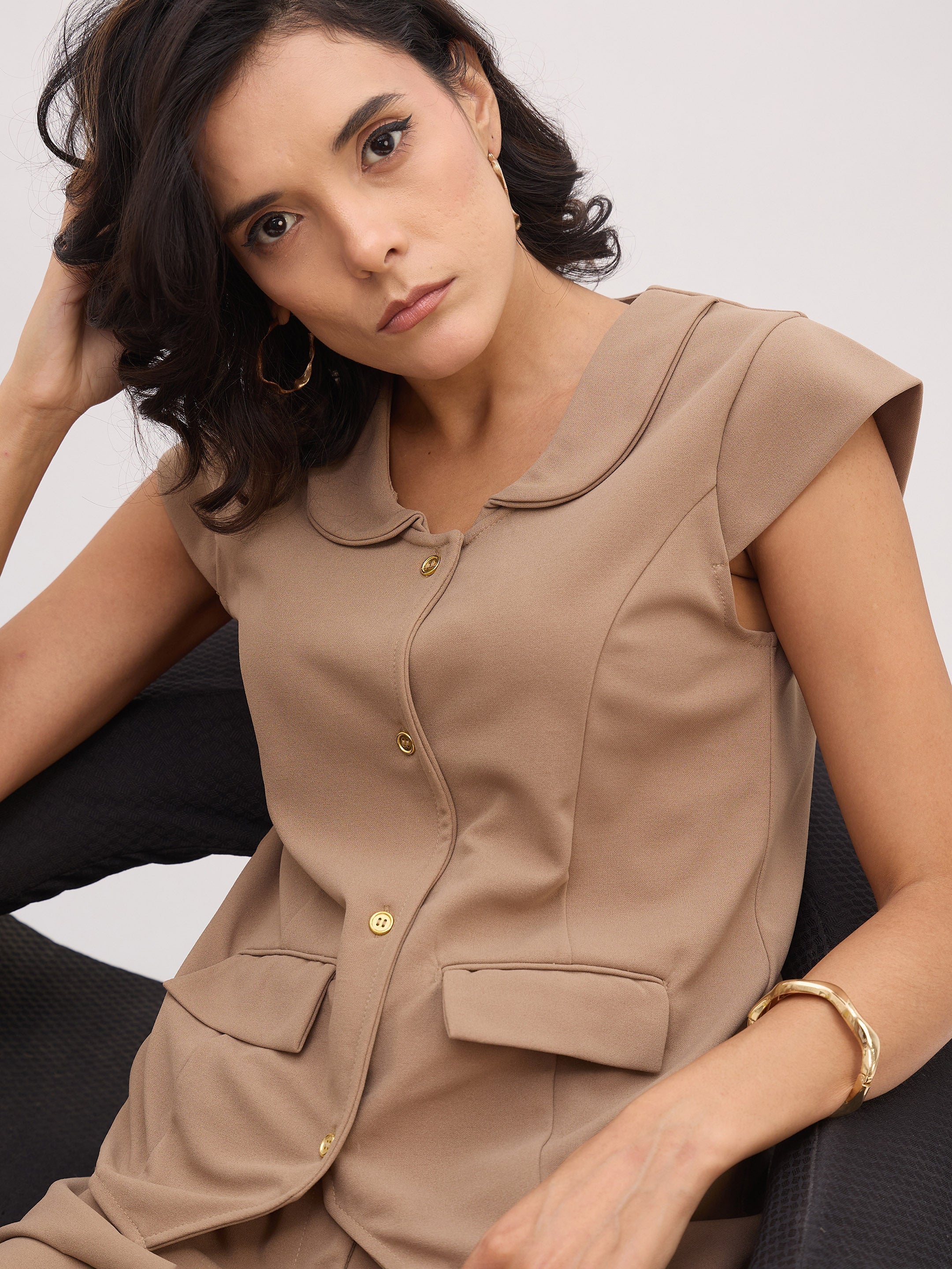 Women's Beige PeterPan Collar Cap Sleeve Button Top