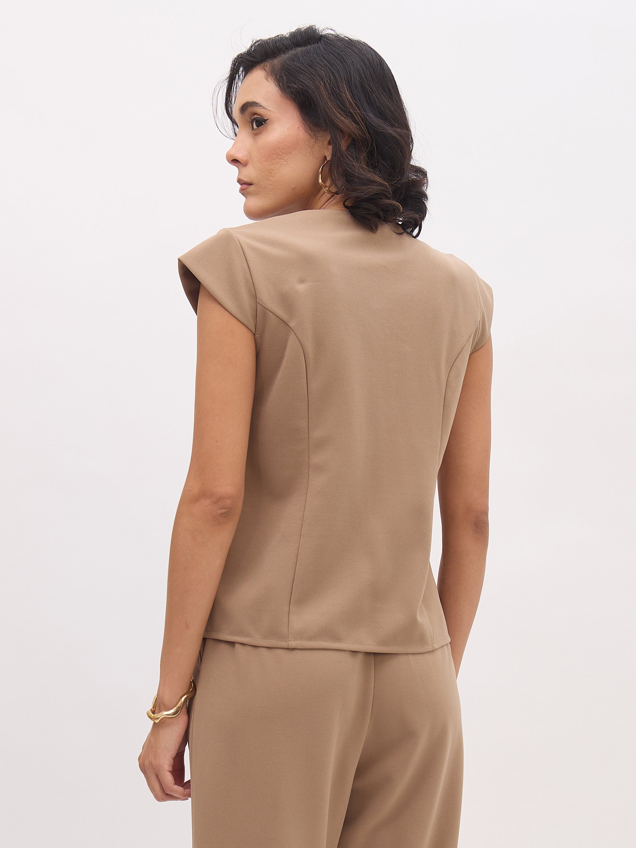 Women's Beige PeterPan Collar Cap Sleeve Button Top