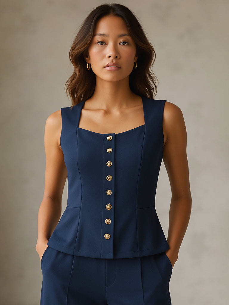 Women's Blue Rhombus Neck Sleeveless Front Button Top