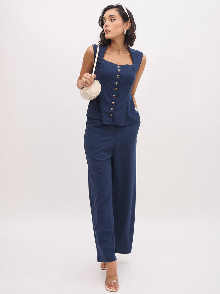 Women's Blue Rhombus Neck Sleeveless Front Button Top