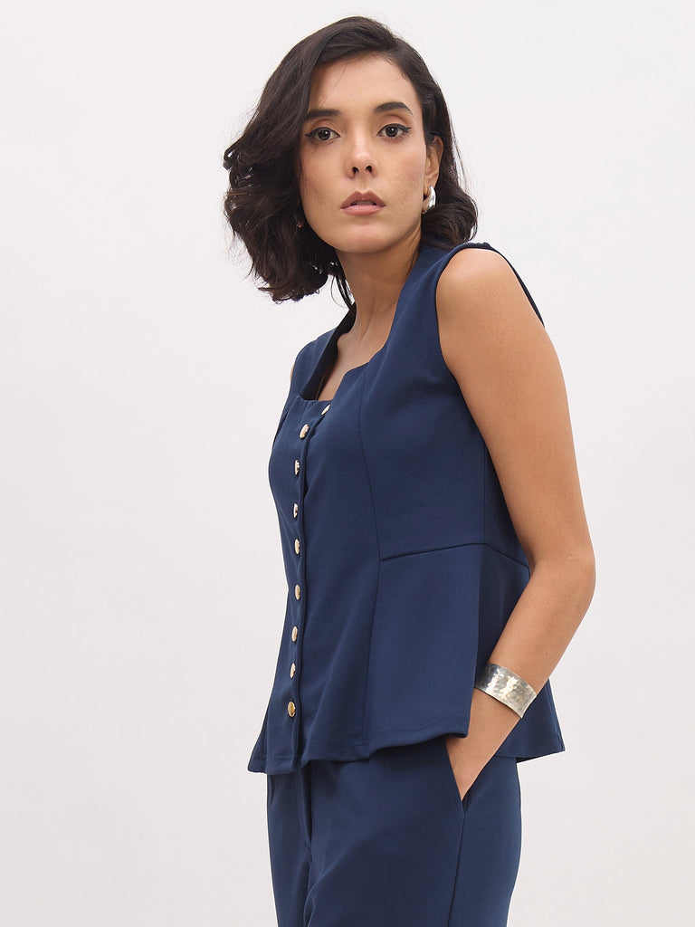 Women's Blue Rhombus Neck Sleeveless Front Button Top