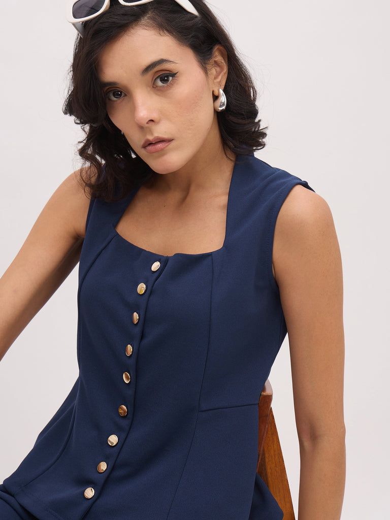 Women's Blue Rhombus Neck Sleeveless Front Button Top