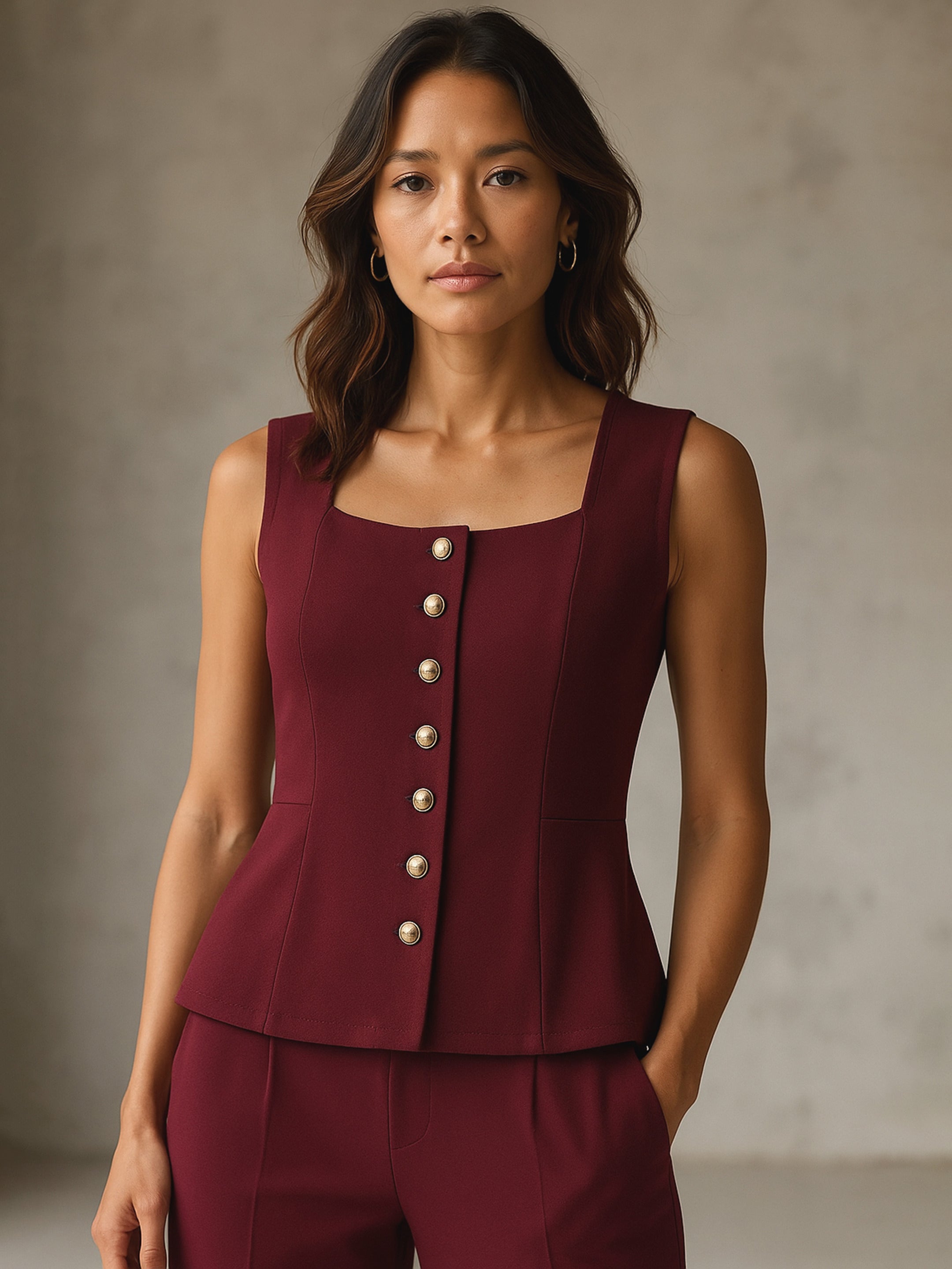 Women's Burgundy Rhombus Neck Sleeveless Front Button Top