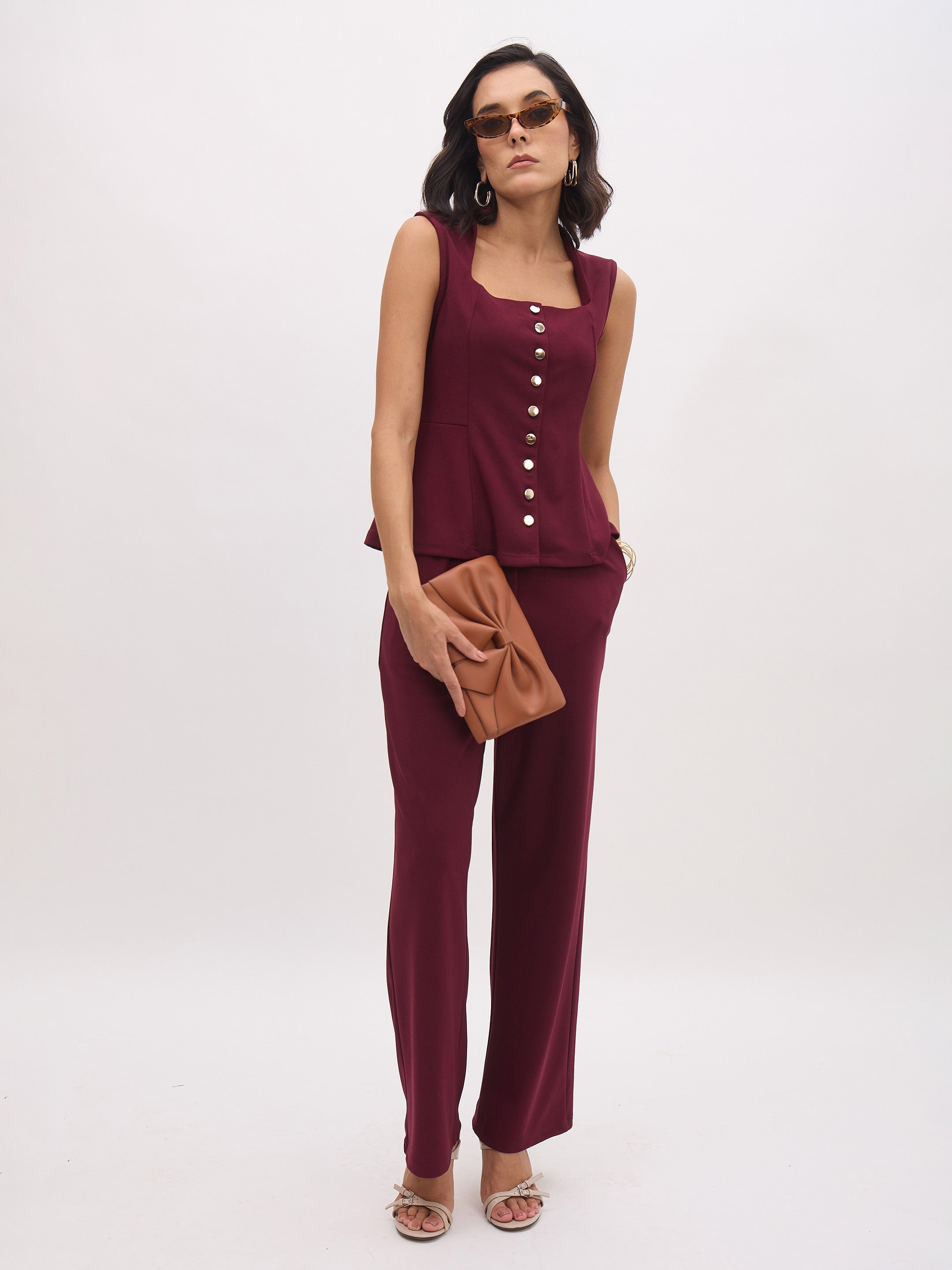 Women's Burgundy Rhombus Neck Sleeveless Front Button Top